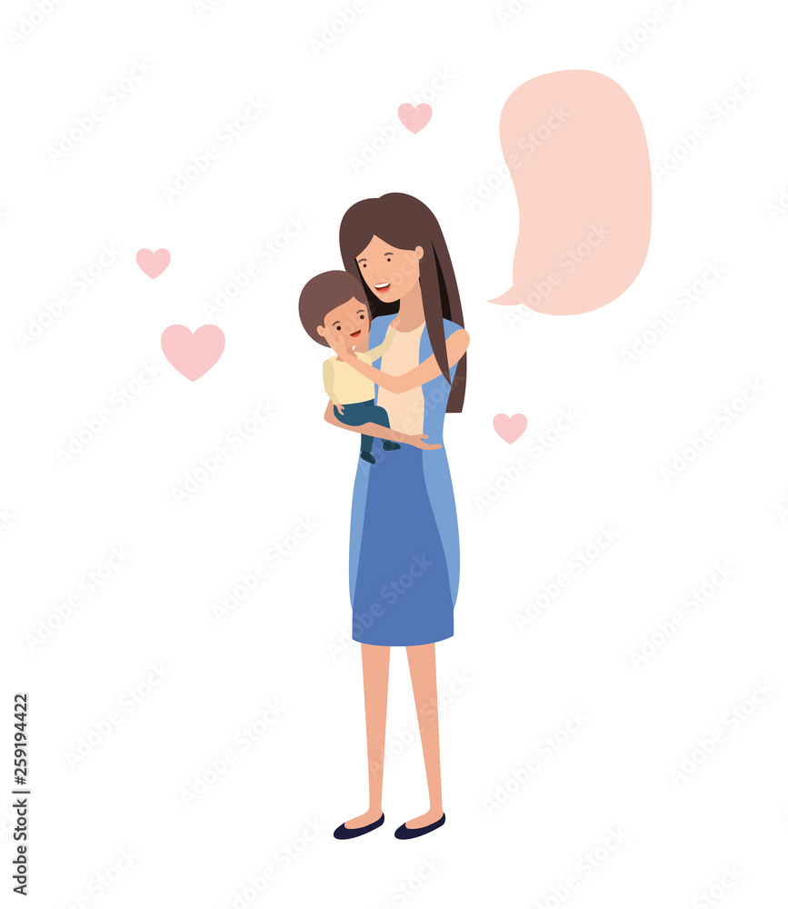 woman with baby and speech bubble avatar character woman with baby and speech bubble avatar character