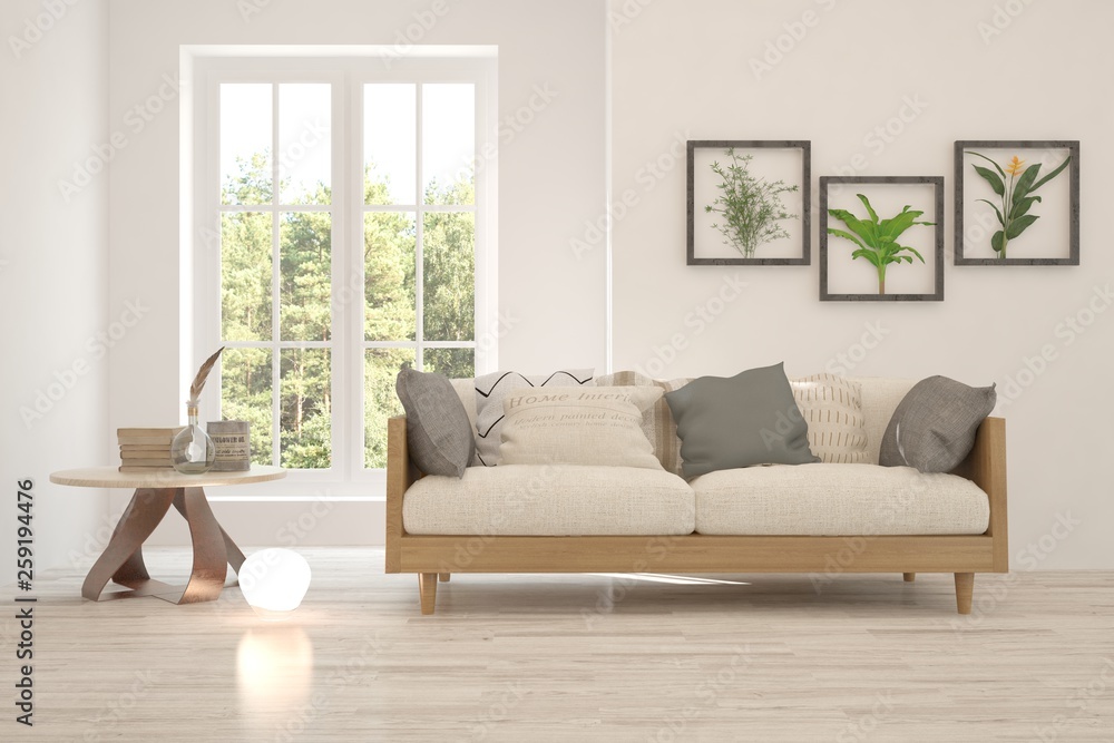Fototapeta premium White stylish minimalist room with sofa and summer landscape in window. Scandinavian interior design. 3D illustration