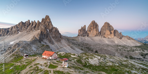 Dreizinnen hut by Mount Paterno and Three Peaks of Lavaredo in Italy