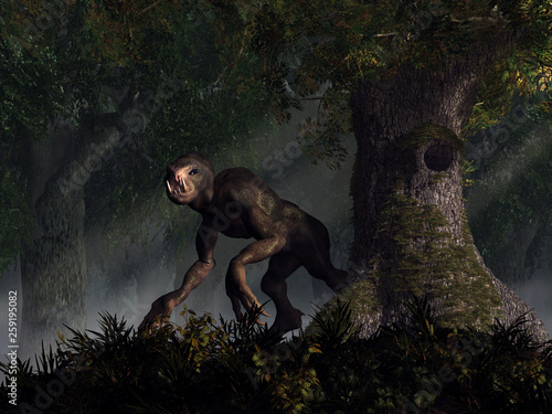 Foto A creepy humanoid monster stalks a dark forest
