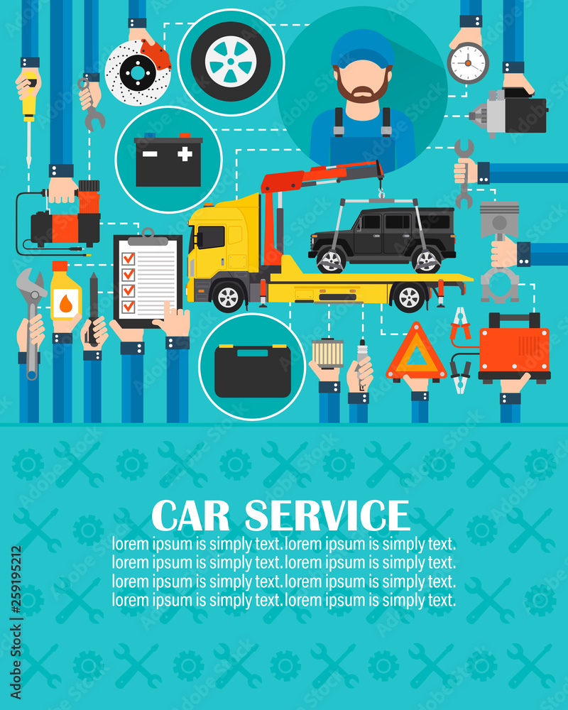 Car service online call flat design with wrecker car and mechanic.lorem ipsum is simply text.Vector illustration Car service online call flat design with wrecker car and mechanic.lorem ipsum is simply text.Vector illustration