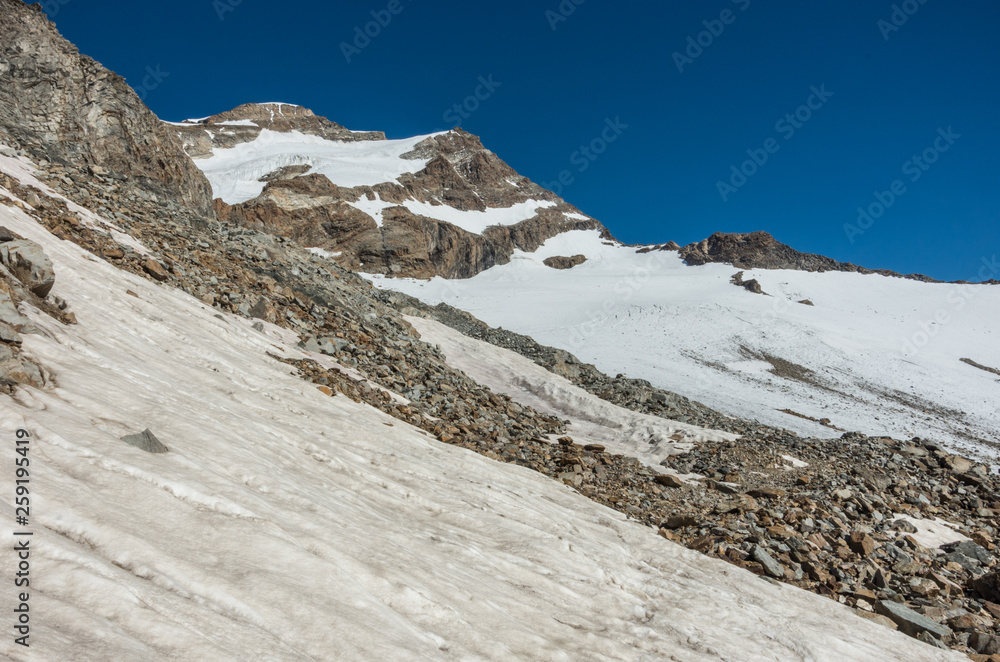 View to Vincent Pyramid mount and Bors glacier in Monte Rosa massif near Punta Indren. Alagna Valsesia area, Italy