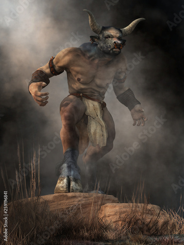 The Minotaur, half man half bull, stands on a rock in an aggressive stance, a monster of ancient Greek myth, emerges from the mists of legend and glares at you with a menacing look. 3D Rendering photo