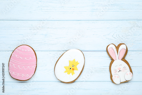 Easter gingerbread cookies on wooden table