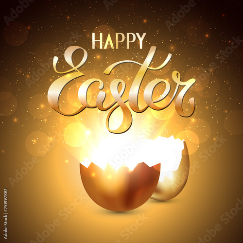 Broken golden easter egg with rays of light on a gold background. Bokeh light and glare from a cracked golden shell. Happy easter concept. Vector, space for text