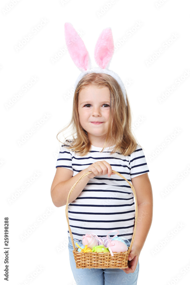 Beautiful girl with rabbit ears and easter eggs isolated on white background Beautiful girl with rabbit ears and easter eggs isolated on white background