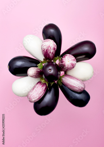 Overhead view of eggplants against pink background photo