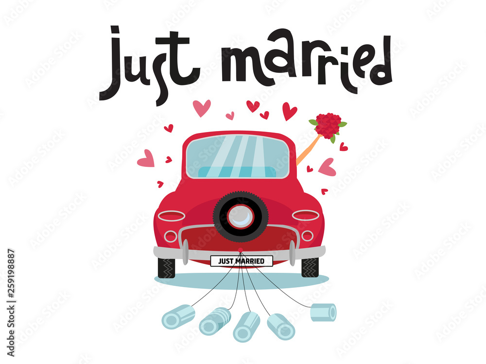 Newlyweds Waving In Convertible Car With Cans Attached To It Stock Photo -  Download Image Now - iStock