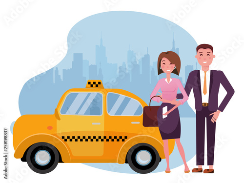 A business couple man in suit and an elegant woman are standing next to a taxi on background of silhouette of big city. Two passengers called taxi for business trips.Vector flat cartoon illustration
