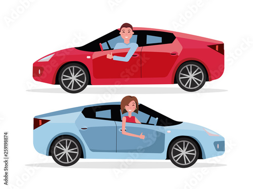Smiling man driving his car, looking out side window, showing thumb up gesture. Cheerful driver behind the wheel of a car. Brown-haired woman driving a car. Vector flat cartoon isolated illustration