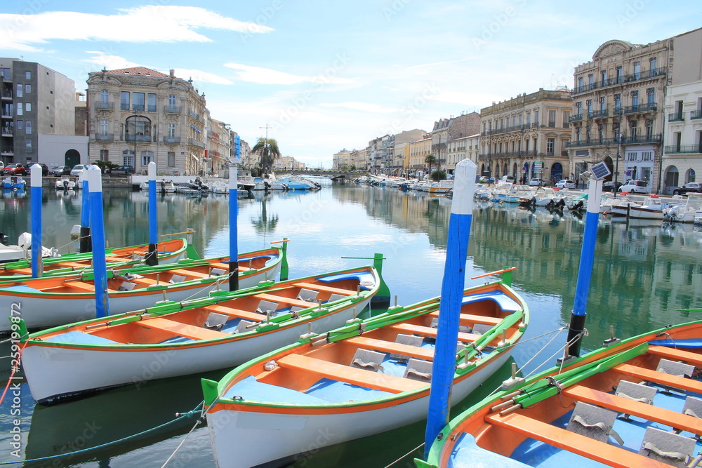Colorful traditional boats in Sete, a seaside resort and singular island in the Mediterranean sea, it is named the Venice of Languedoc Rousillon, France