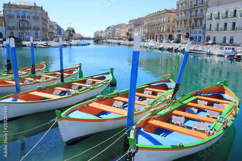 Colorful traditional boats in Sete, a seaside resort and singular island in the Mediterranean sea, it is named the Venice of Languedoc Rousillon, France
