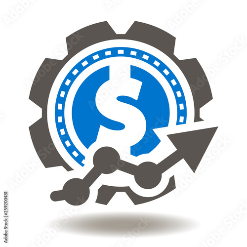 Coin dollar gear chart icon vector. Money growth logo. Profit illustration. Trade market sign. Success investing finance symbol.