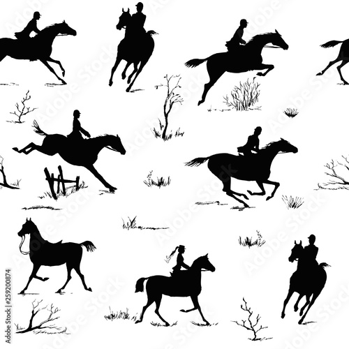 Equestrian horse riding style silhouette seamless pattern. Black and white english fox hunting style. Horseback man and woman galloping on field. England tradition hand drawing vector silk scarf art.