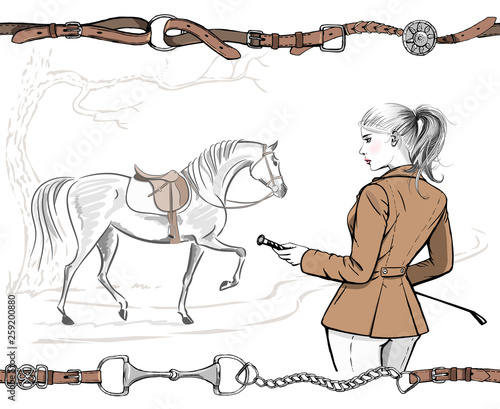 Beautiful fashion woman with english equestrian sport hunting style jacket and horse with saddle. Rider girl, tree hand drawing art. Vector stylish lady model with whip and hair tail. Belt border fram