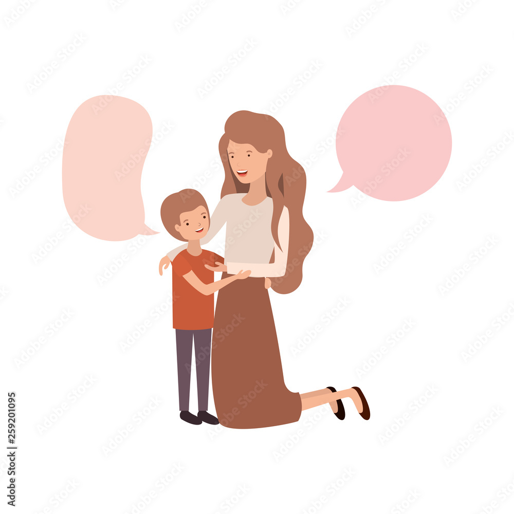 woman with son and speech bubble avatar character woman with son and speech bubble avatar character