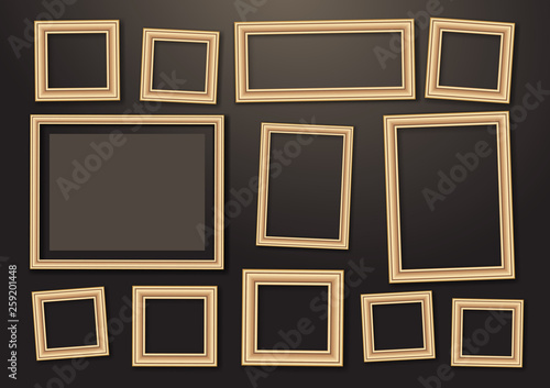 Set of empty hanging decorative photo frames with shadow effects. Different sizes. Dark background.