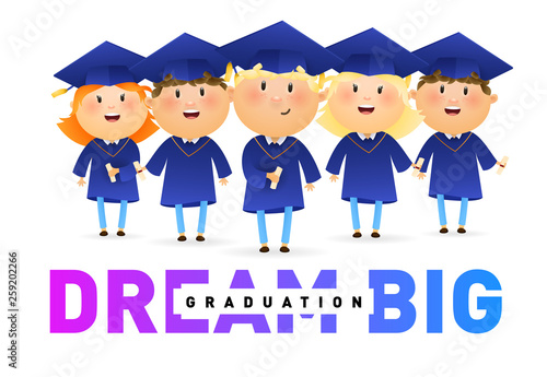 Dream big, graduation banner design. Cheerful students in mortarboards and colorful text isolated on white. Illustration can be used for banners, flyer, graduation party