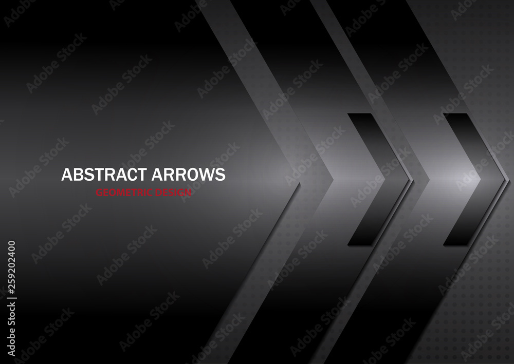 Abstract tech arrows on a gray-black gradient background. Geometric overlap. Space for text. Business template, corporate design. Vector illustration. Abstract tech arrows on a gray-black gradient background. Geometric overlap. Space for text. Business template, corporate design. Vector illustration.