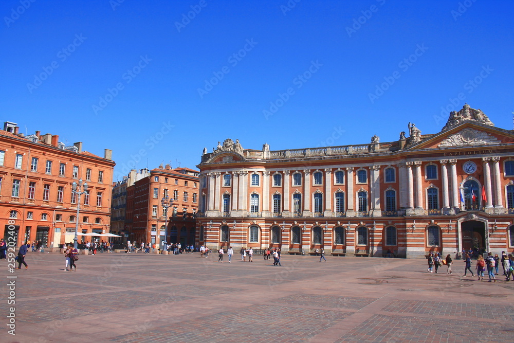 The Capitole and its square in Toulouse, the heart of the pink french city. The imposing building is both the town hall and the Capitole Theatre, France