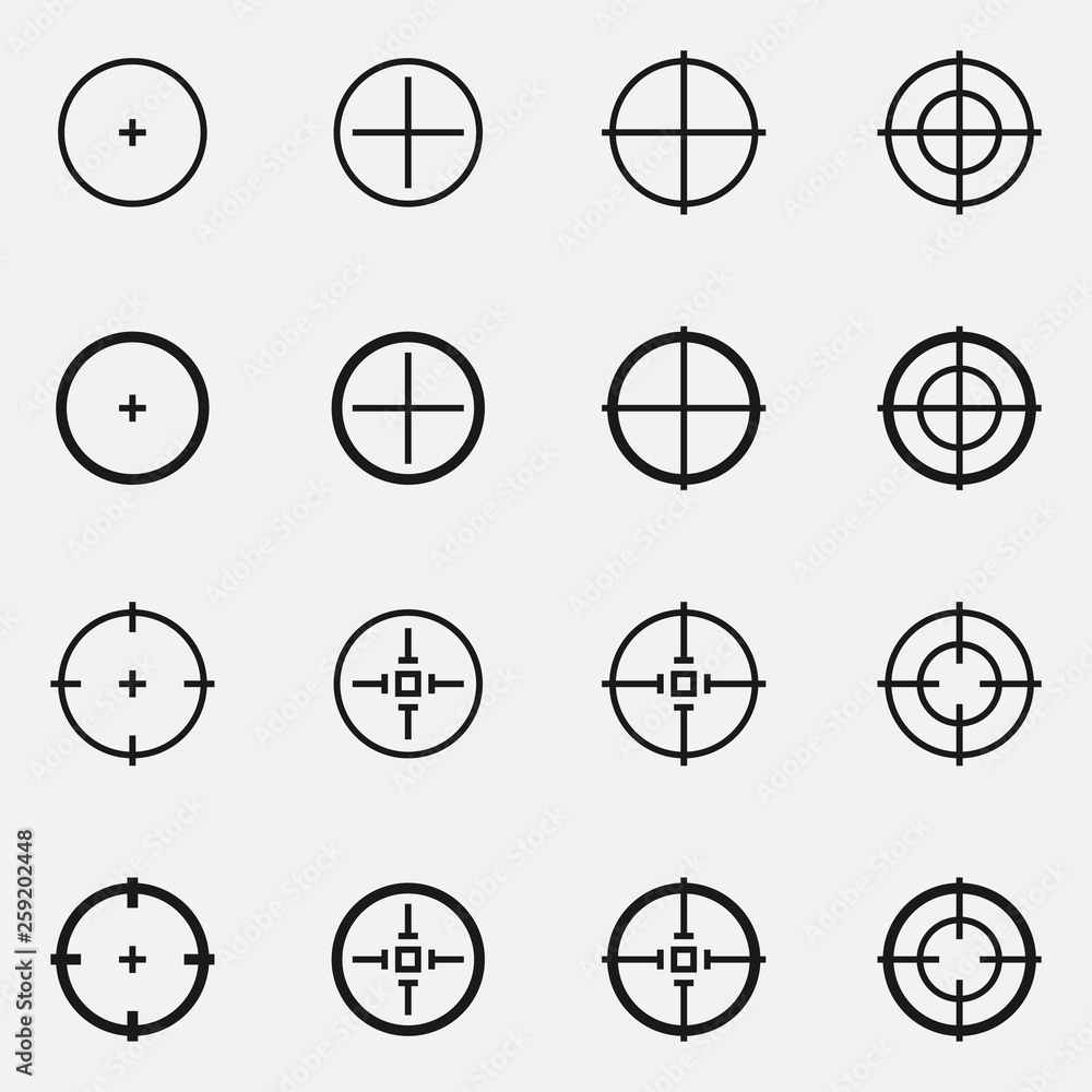Set of sniper scope crosshairs black and white vector icon.