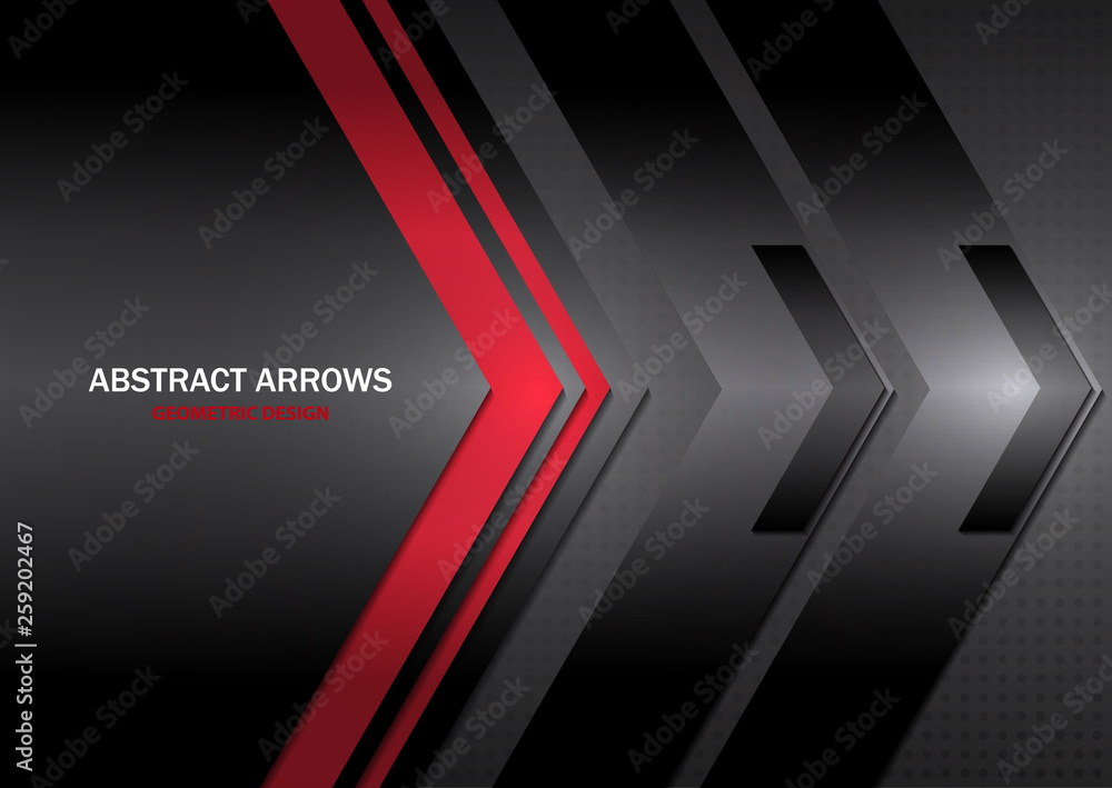 Abstract tech arrows on a gray-black gradient background. Geometric overlap. Space for text. Business template, corporate design. Vector illustration.