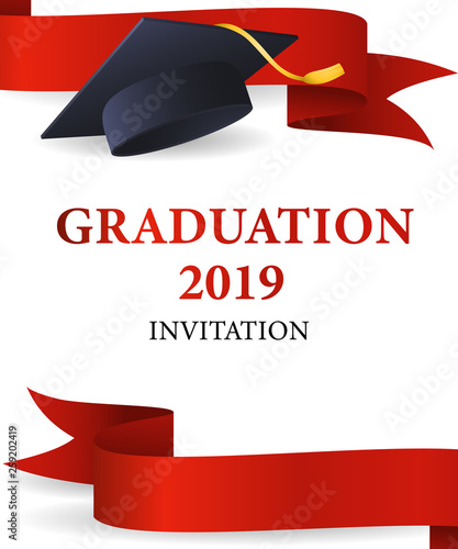Graduation 2019 invitation design. Graduation cap with gold tassel and red ribbons. Illustration can be used for banners, posters, commencement ceremony