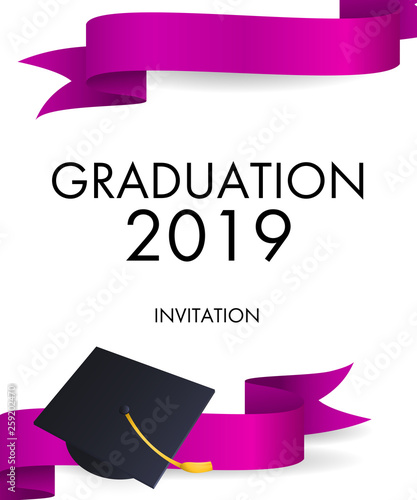 Graduation 2019 invitation design. Purple ribbons and mortarboards with gold tassel. Illustration can be used for banners, posters, ceremony ad