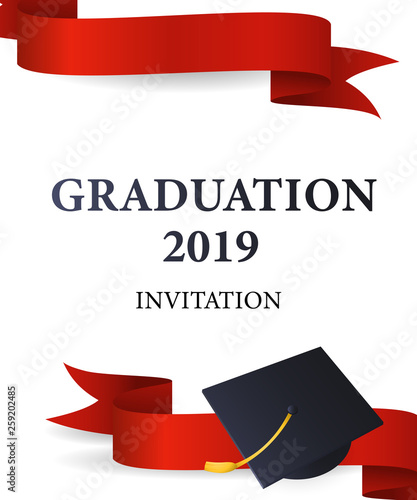 Graduation 2019 invitation design. Red ribbons and mortarboards with gold tassel. Illustration can be used for banners, posters, ceremony ad