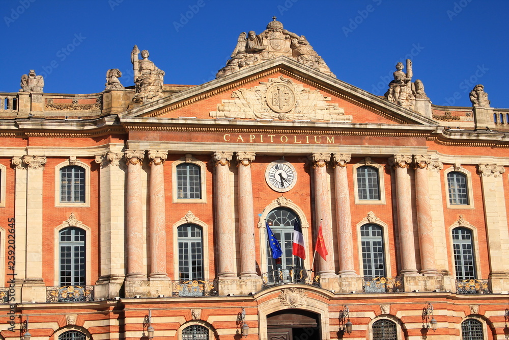 The Capitole in Toulouse, the heart of the pink french city. It is an  imposing building and is both the town hall and the Capitole Theatre, France