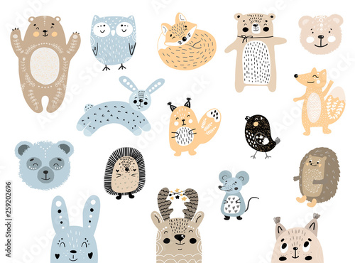 Big set of wild cartoon forest animals. Cute handdrawn kids clip art collection. Vector illustration
