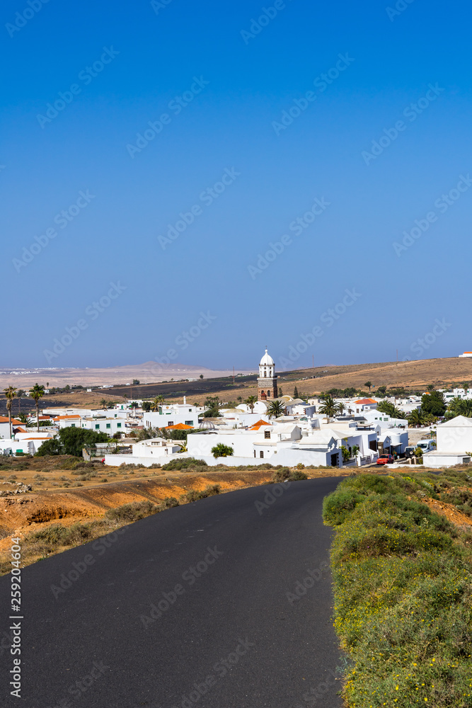 Spain, Lanzarote, Road to village teguise with beautiful church steeple