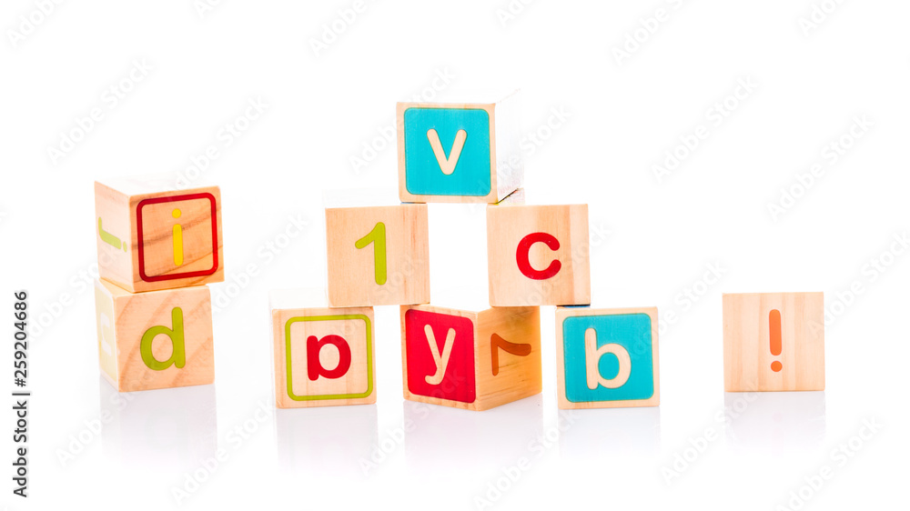 Toy cubes. Baby collection. ABC letters made from baby toys Toy cubes. Baby collection. ABC letters made from baby toys