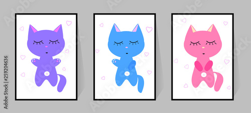 Three kittens with eyes closed. Set of color posters. Cute cartoon vector character decor child bedroom. Cat illustration isolated on white background. Sleeping beast silhouettes. Blue, pink, purple.
