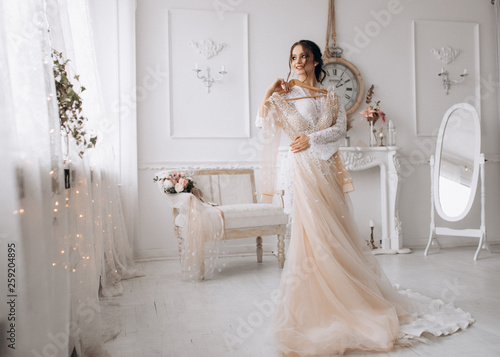 A magnificent bride tries her dress on her wedding day