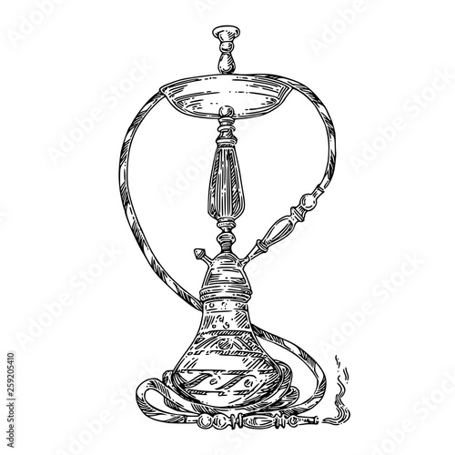 Beautiful traditional hookah with smoke. Engraving style. Vector illustration.