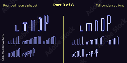 Condensed blue neon font, Rounded. Vector set