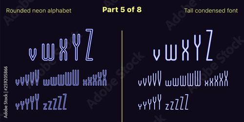 Condensed blue neon font, Rounded. Vector set