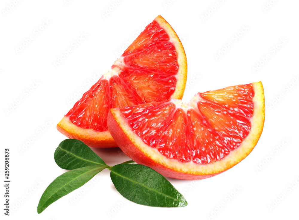 Slice of red blood orange with leaf isolated on white background Slice of red blood orange with leaf isolated on white background