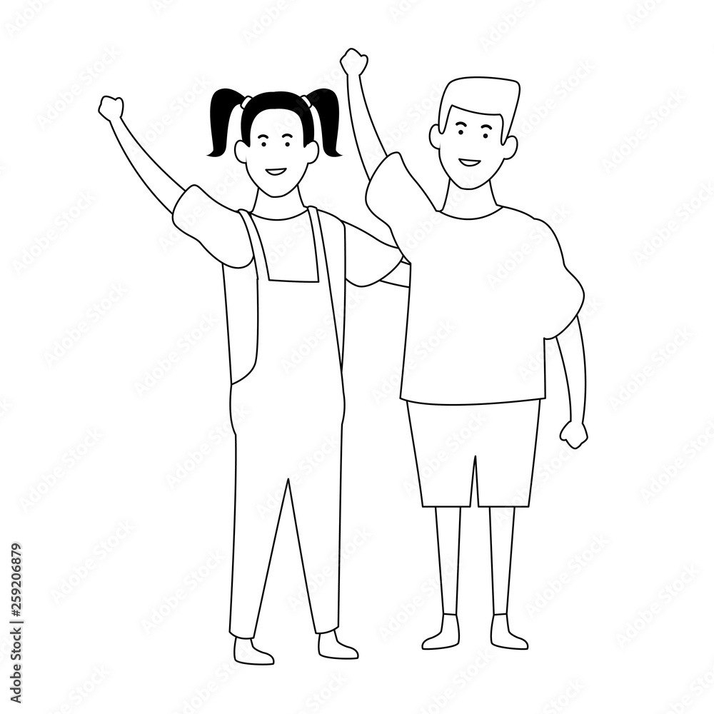 Cute girl and boy cartoon in black and white