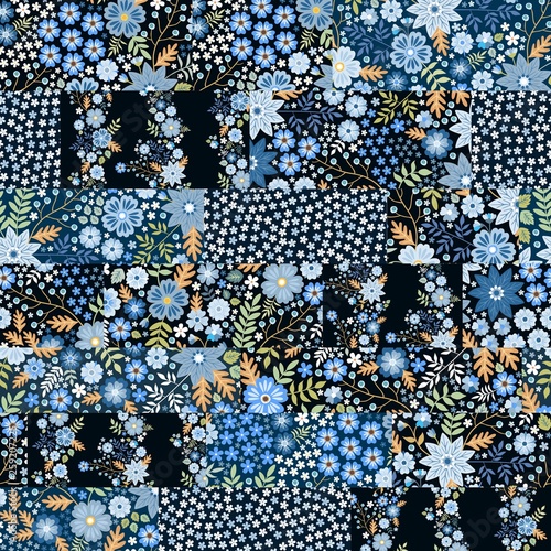 Seamless patchwork pattern from different fabrics with blue flowers.