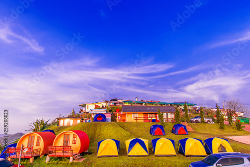 Outdoor tent accommodation a top the blue sky, fresh air