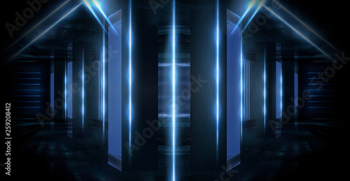 Background of empty room, corridor. Concrete columns, neon light. Smoke, reflection of lights © MiaStendal