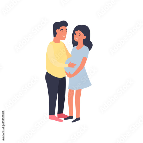 Happy couple. Man hugging pregnant woman and touching her belly. Pregnancy and motherhood. Cute flat cartoon characters isolated on white background.