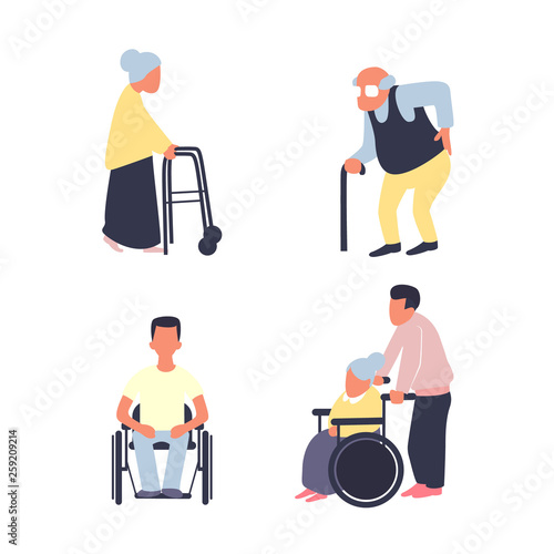 Rehabilitation after injury vector flat set. Old woman with walker, male senior with cane. Man on wheelchair.