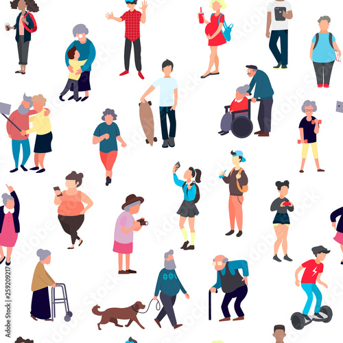 Seamless pattern with cartoon people walking on street. Crowd of male and female tiny characters. Colorful vector seamless pattern in trandy flat style for wallpaper, fabric print.