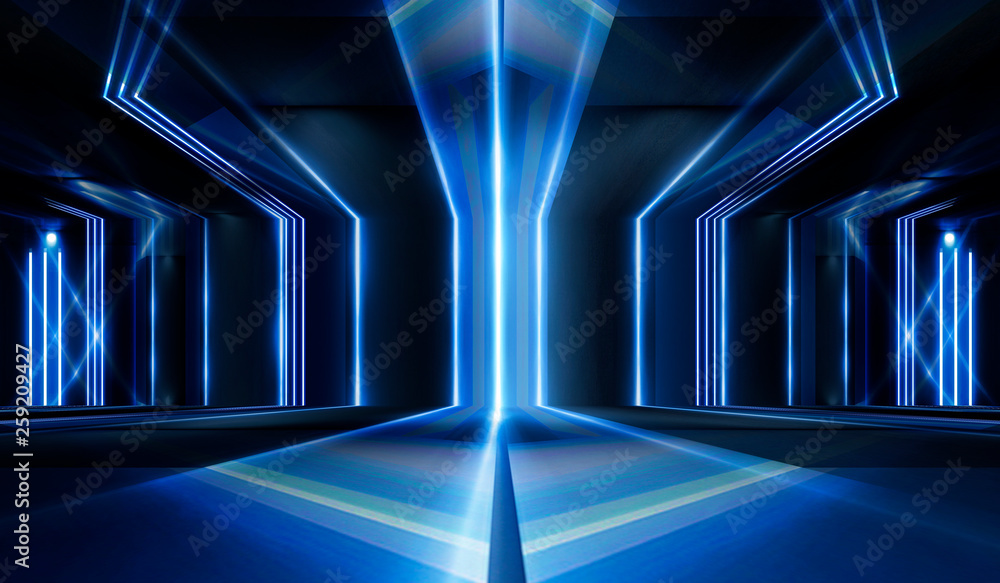Tunnel in blue neon light, underground passage. Abstract blue background. Background of an empty black corridor with neon light. Abstract background with lines and glow Tunnel in blue neon light, underground passage. Abstract blue background. Background of an empty black corridor with neon light. Abstract background with lines and glow