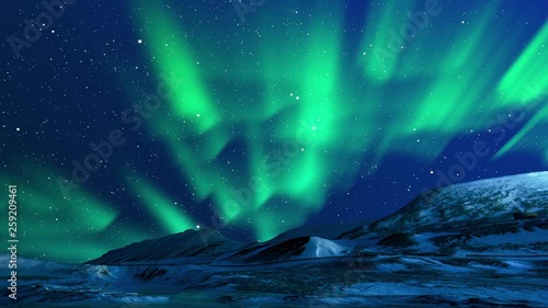 Beautiful Northern Lights Animation. Green Lights Aurora Borealis in Norway, Canada, Finland, Iceland and Sweden. Polar weather and blue starry sky on a cold night. Fantastic motion Background in 4k.