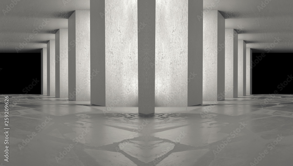 Background of an empty dark room, a corridor with columns, spotlights. Concrete floor. Neon light smoke Background of an empty dark room, a corridor with columns, spotlights. Concrete floor. Neon light smoke
