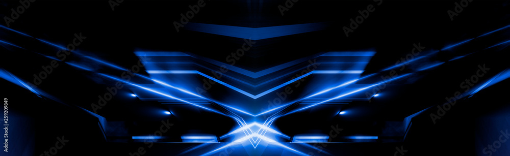 Tunnel in blue neon light, underground passage. Abstract blue background. Background of an empty black corridor with neon light. Abstract background with lines and glow Tunnel in blue neon light, underground passage. Abstract blue background. Background of an empty black corridor with neon light. Abstract background with lines and glow